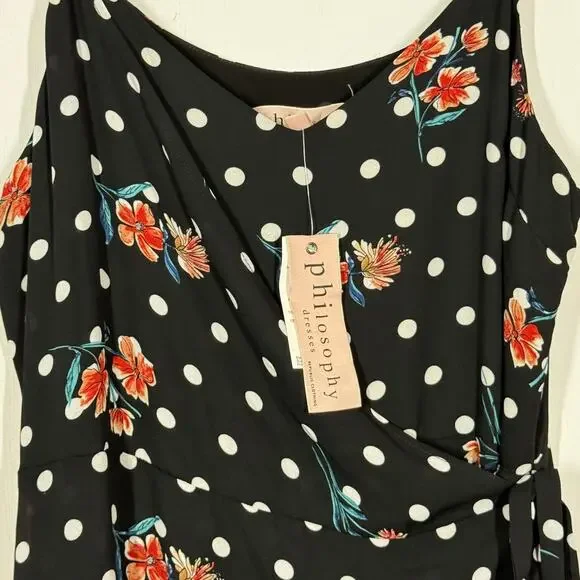 Philosophy Faux Wrap Maxi Dress NWT Womens 10 Black Red White Polka Dot Floral - Picture 5 of 10